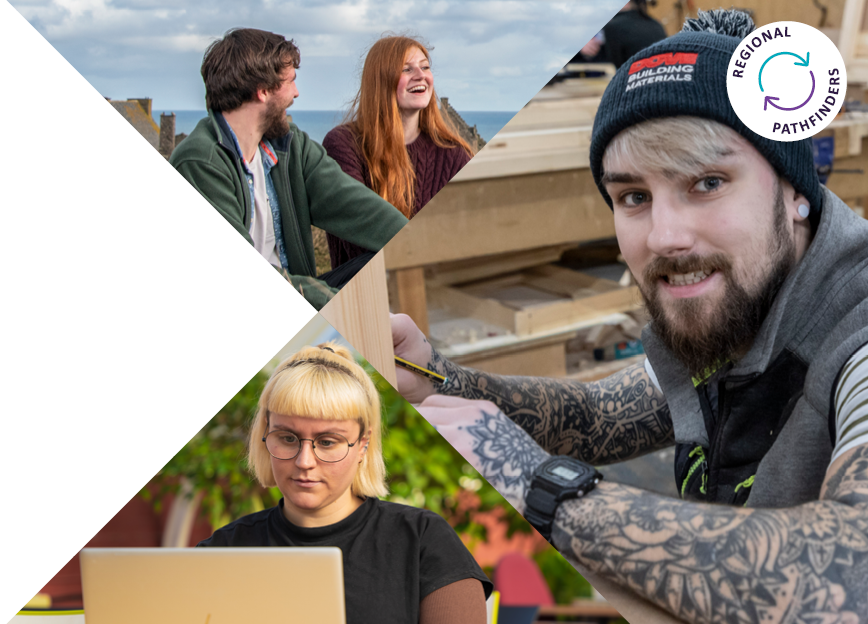 Collage of young adults engaging in various activities: two talking outdoors, one working with wood, and another using a laptop. 