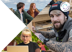 Collage of young adults engaging in various activities: two talking outdoors, one working with wood, and another using a laptop. 